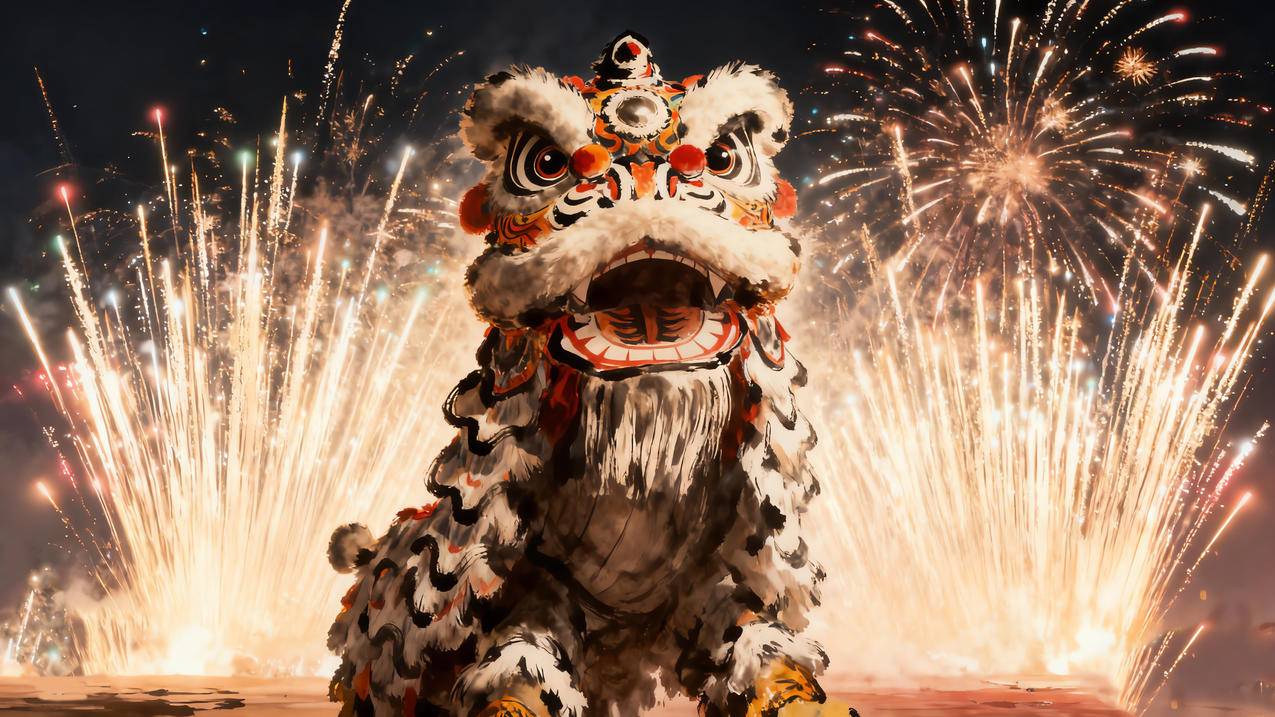 2026新年 烟花 舞狮 喜庆春节4k壁纸