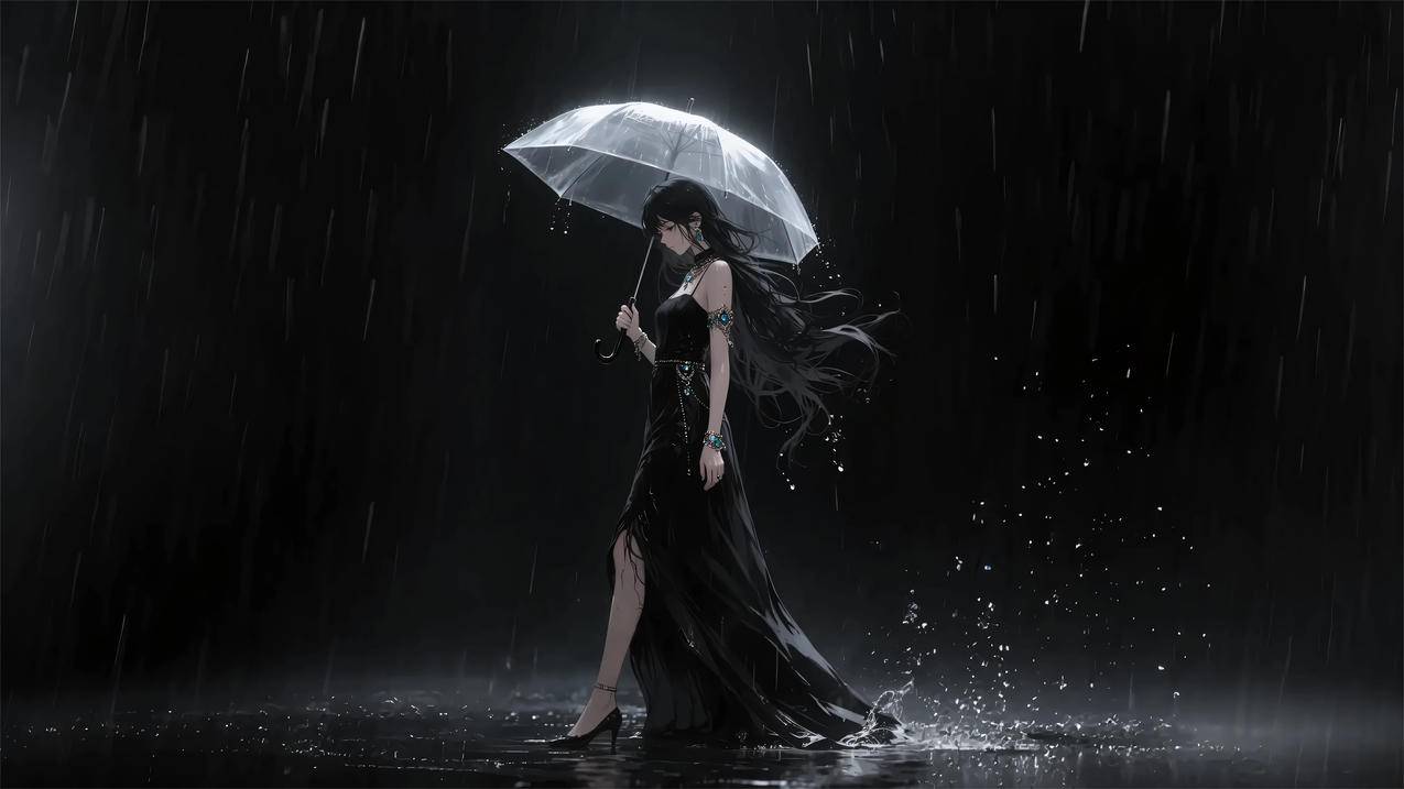 雨夜 黑色裙子美女 暗黑系 4K壁纸 3840x2160