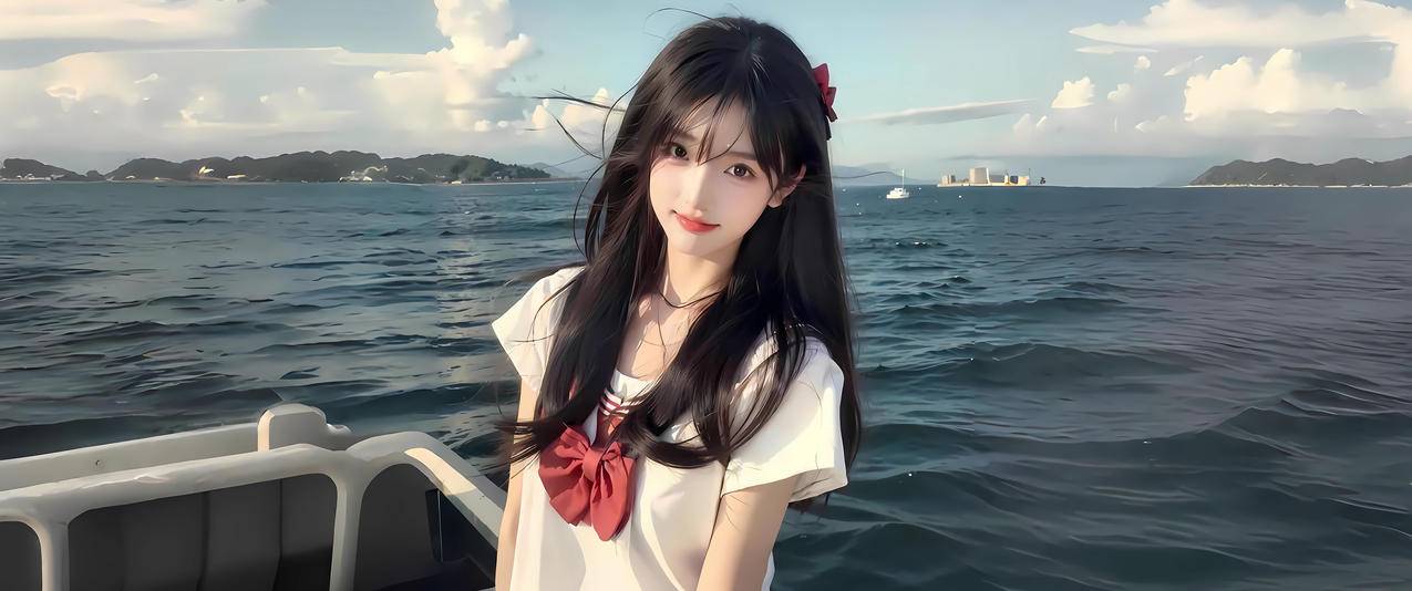 海上 船 可爱女生 3440x1440带鱼屏壁纸