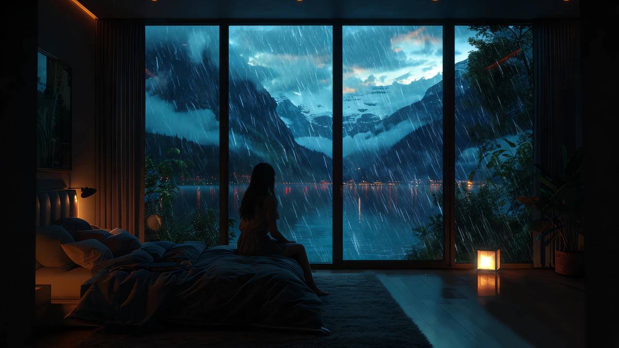 房间 女孩 望着窗外风景 下雨 暗色系 4K壁纸