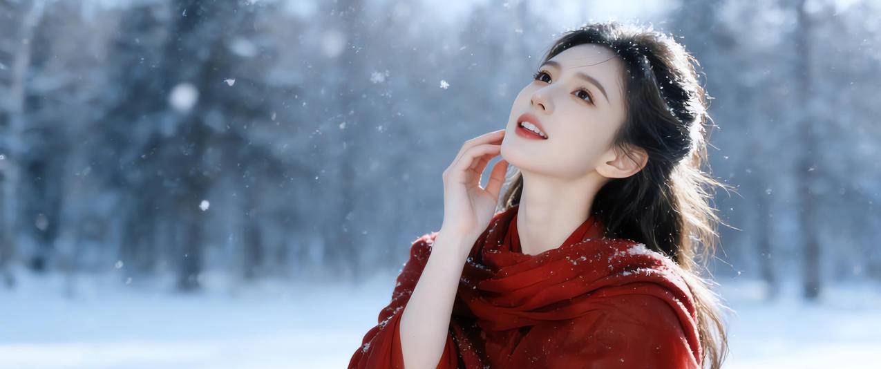 冬季雪景红色衣服美女唯美3440x1440带鱼屏美女壁纸