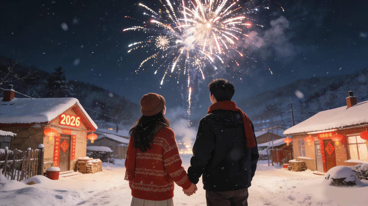 2026新年 夜晚 雪景 乡村 情侣牵手看烟花 4k壁纸