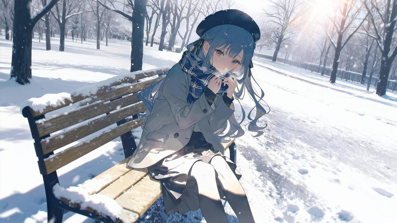 冬日 雪地 长椅 二次元 4K高清 动漫壁纸