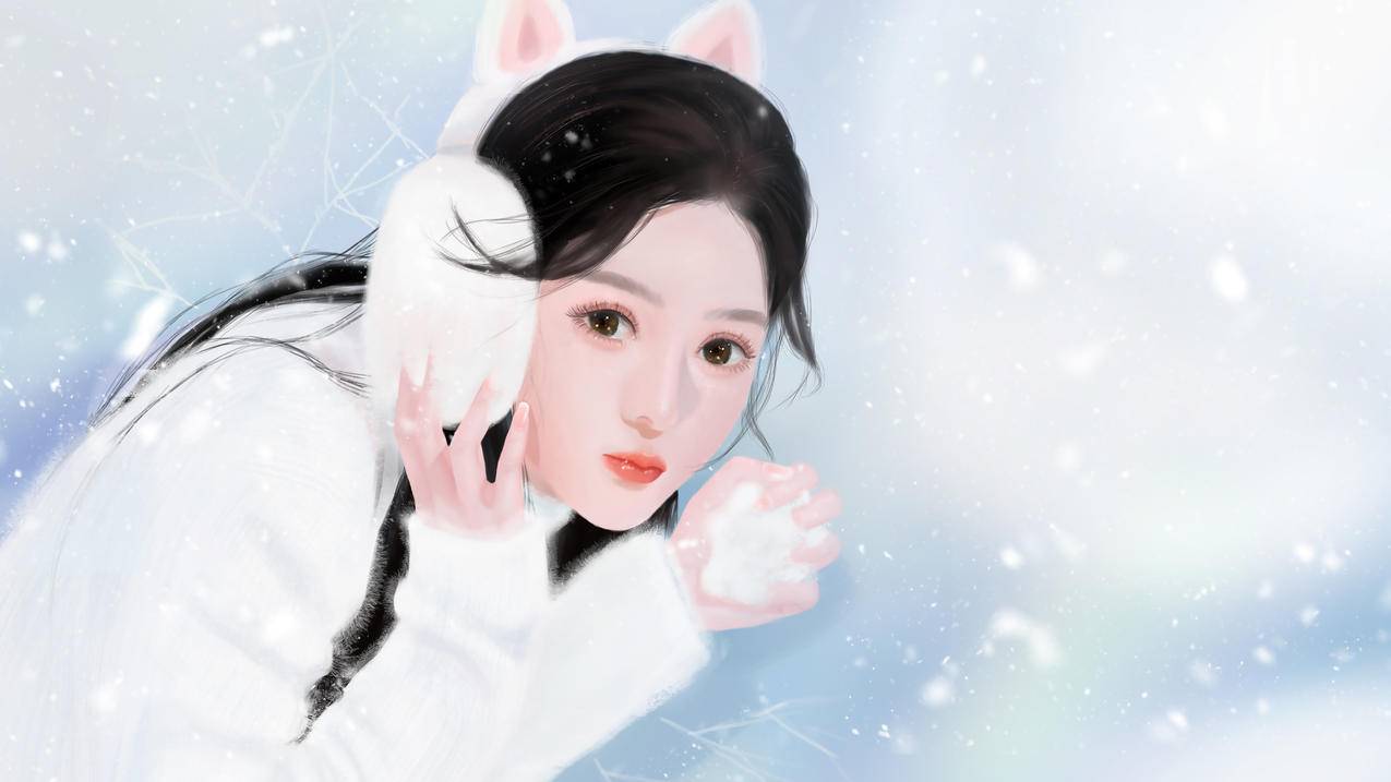 巴图 原创 雪地 毛衣 女孩 耳套 可爱 彩虹 5K高清壁纸 4K手机壁纸