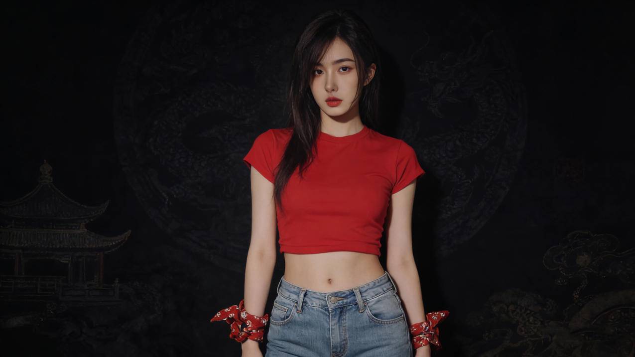 长发美女 红色衣服 牛仔裤 暗黑背景 4K壁纸3842x2160