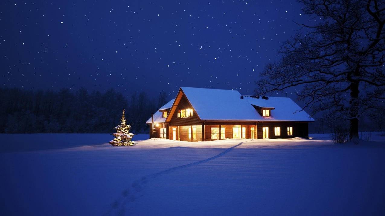 冰天雪地房屋灯光高清壁纸