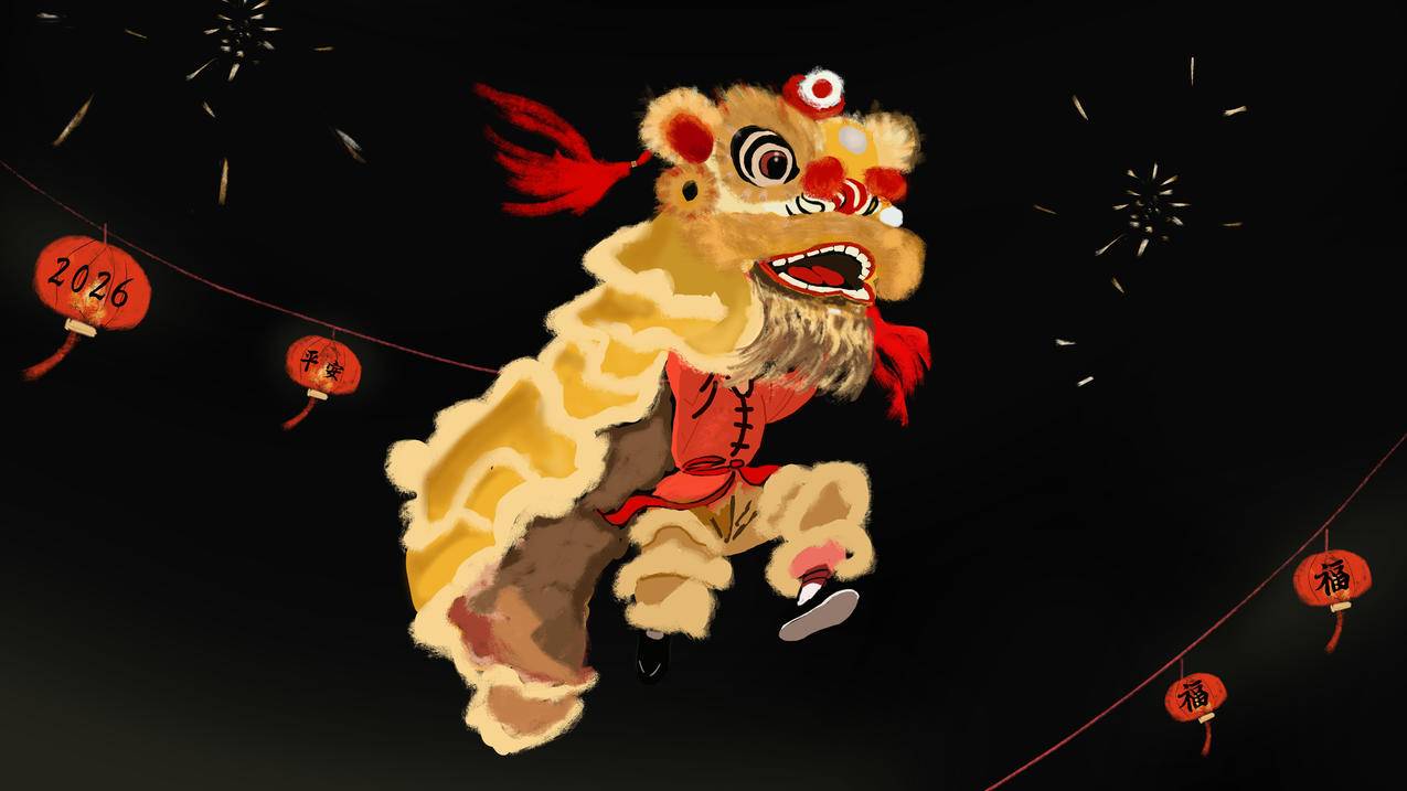2026年马年平安 福 新年 舞狮 灯笼 烟花 忘忧草 厚涂手绘 8K高清壁纸