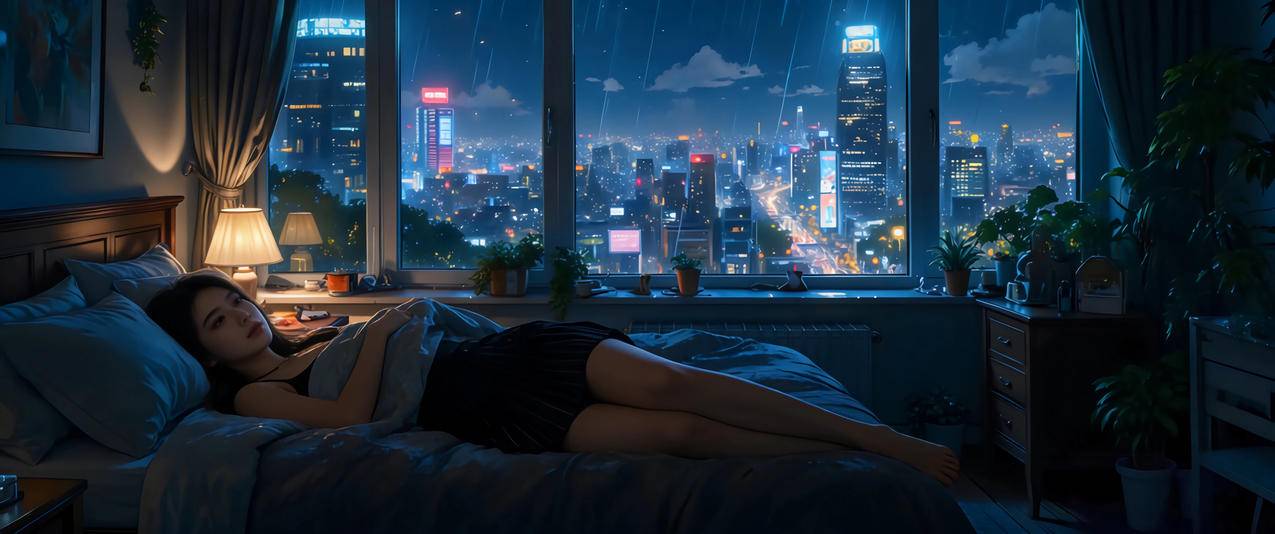 雨夜 玻璃窗 房间 美女 3440x1440带鱼屏动漫壁纸