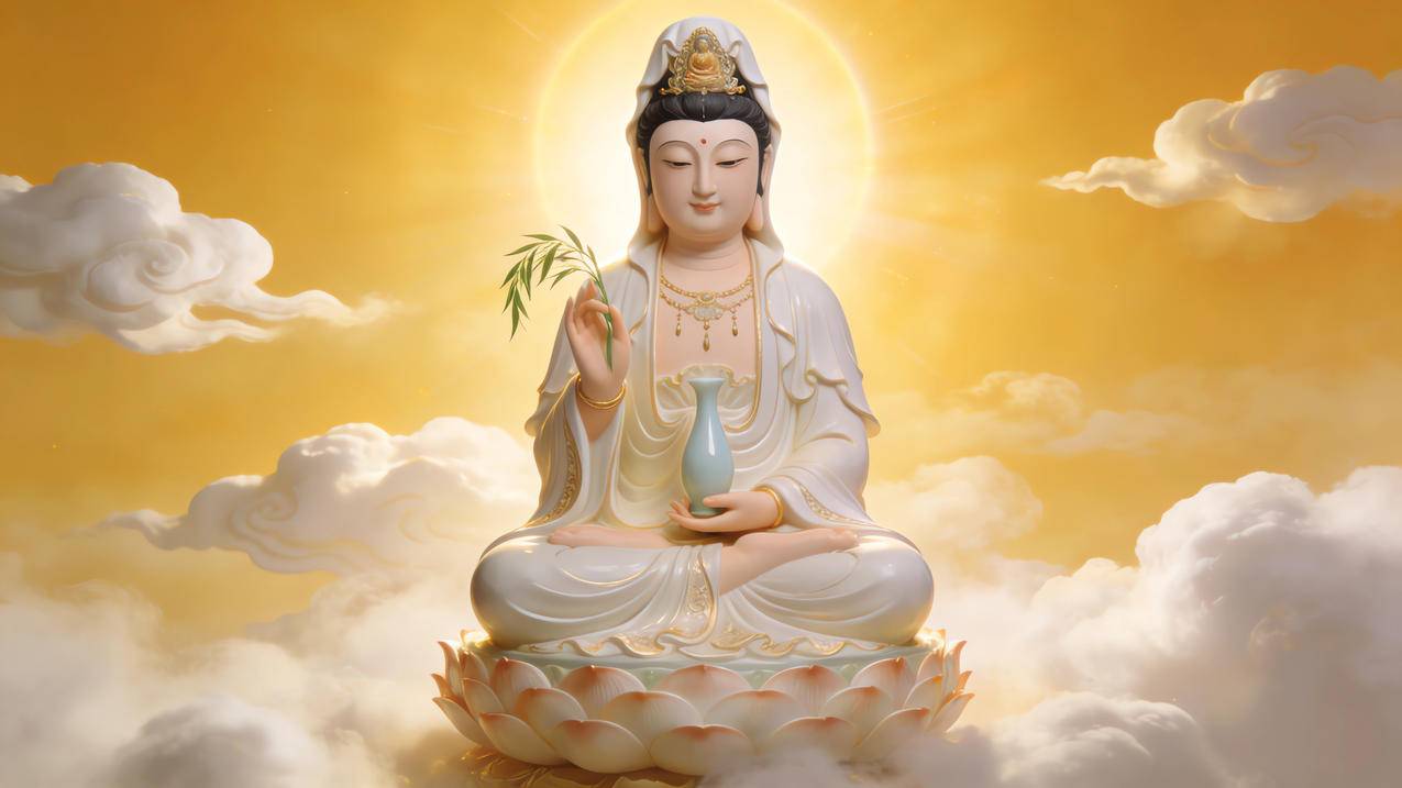观音菩萨 观世音菩萨 坐莲台 玉净瓶 祥云 光 4K壁纸