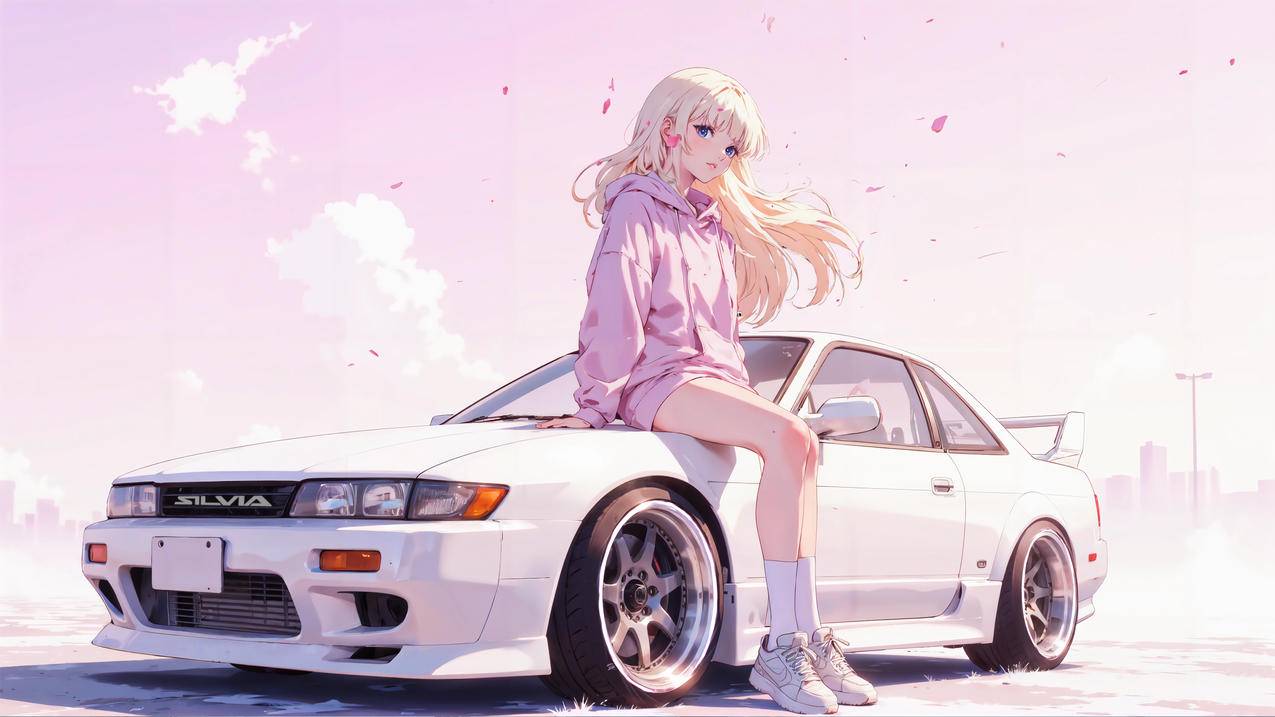动漫女孩 白色汽车 4K壁纸 3840x2160