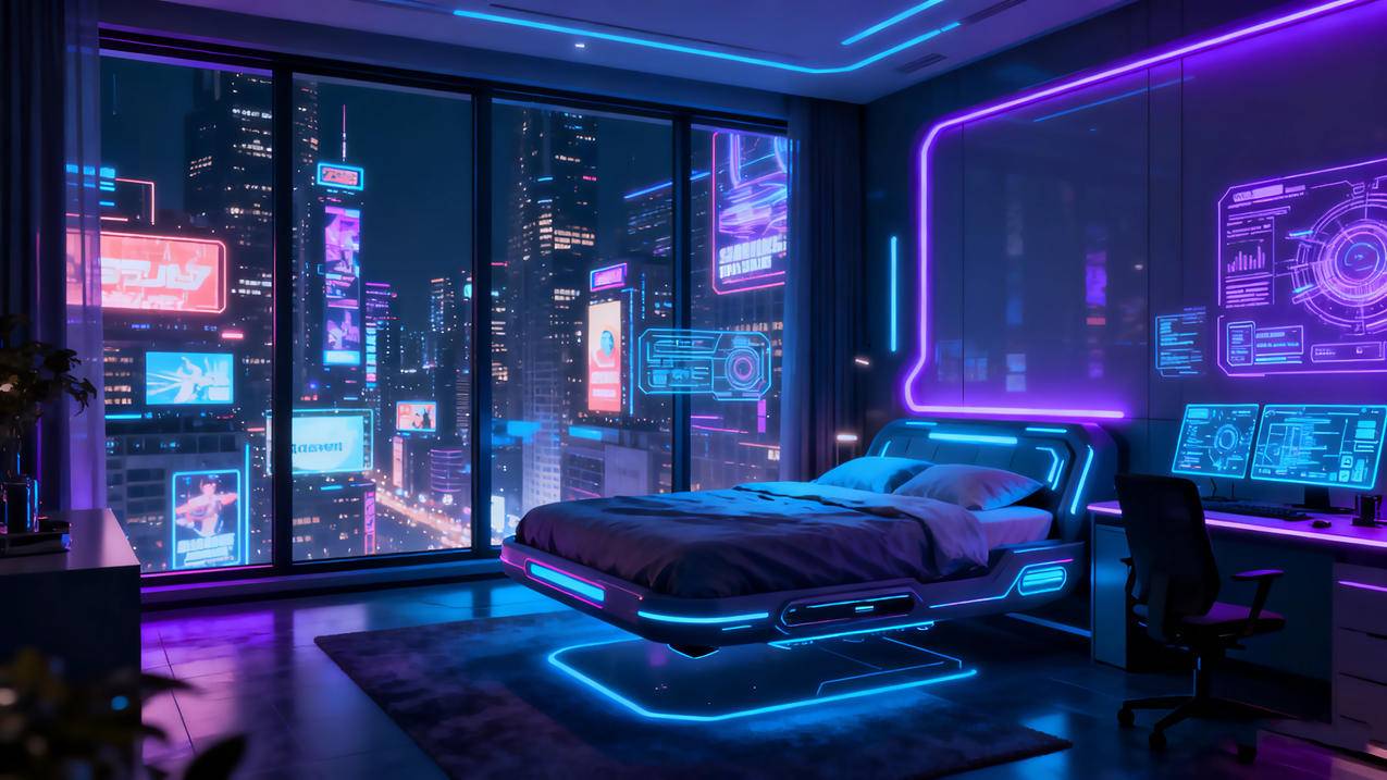 赛博朋克 晚上 房间 4k电脑壁纸