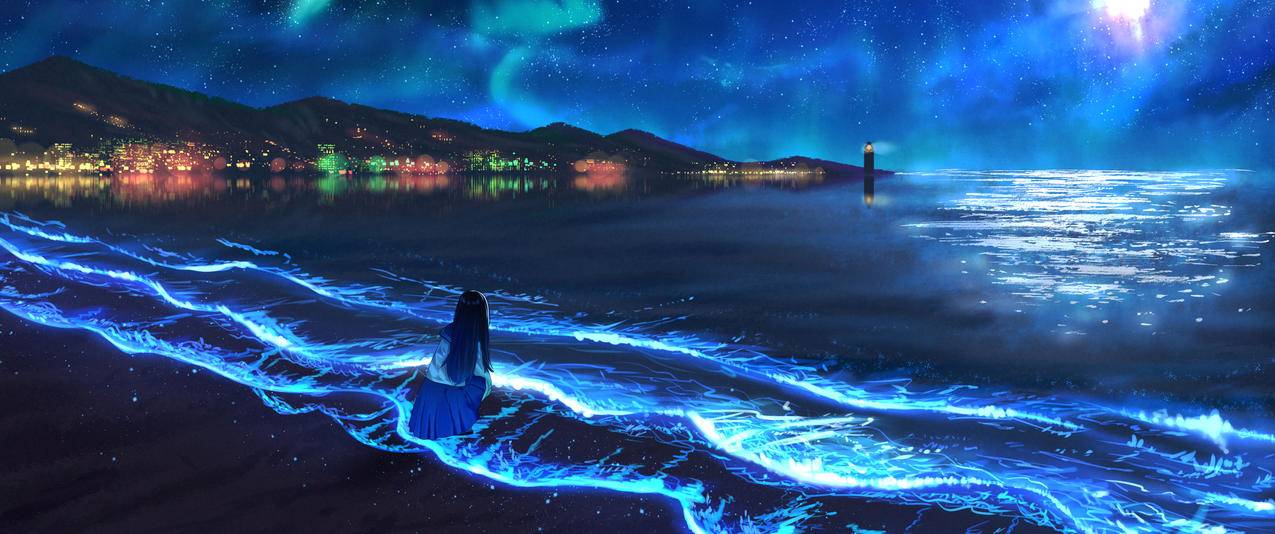 女孩子 沙滩 星空 天空 夜景 海洋 风景 3440x1440带鱼屏壁纸