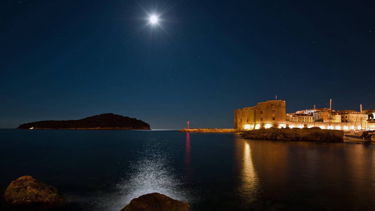 风景自然风光大海城堡夜景高清壁纸