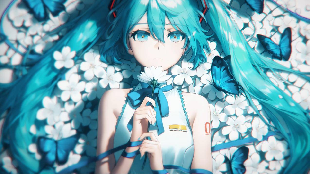 miku初音未来 白色花瓣 蝴蝶 4K壁纸 3840x2160