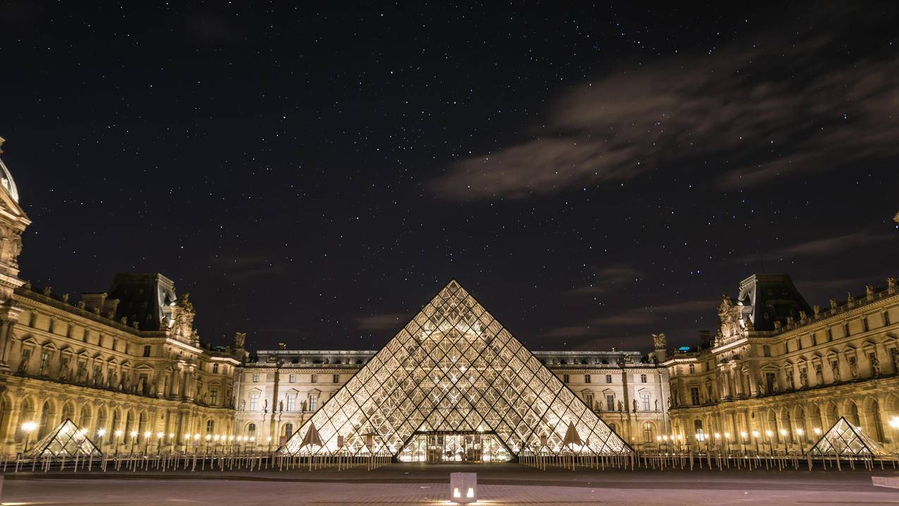 风景法国巴黎卢浮宫城市夜景4k高清壁纸