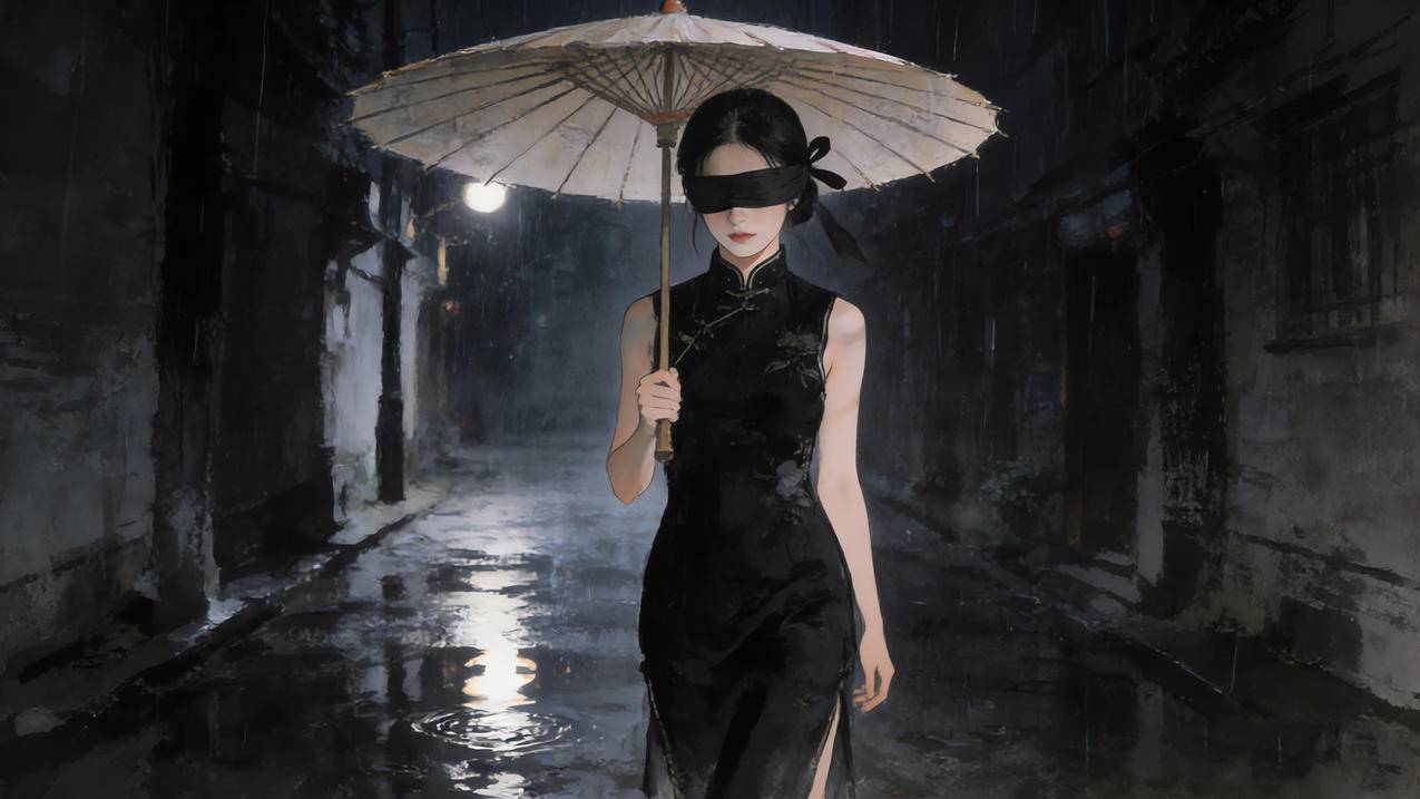 雨夜 黑色旗袍美女 蒙眼 伞 灯光 光影 4k壁纸