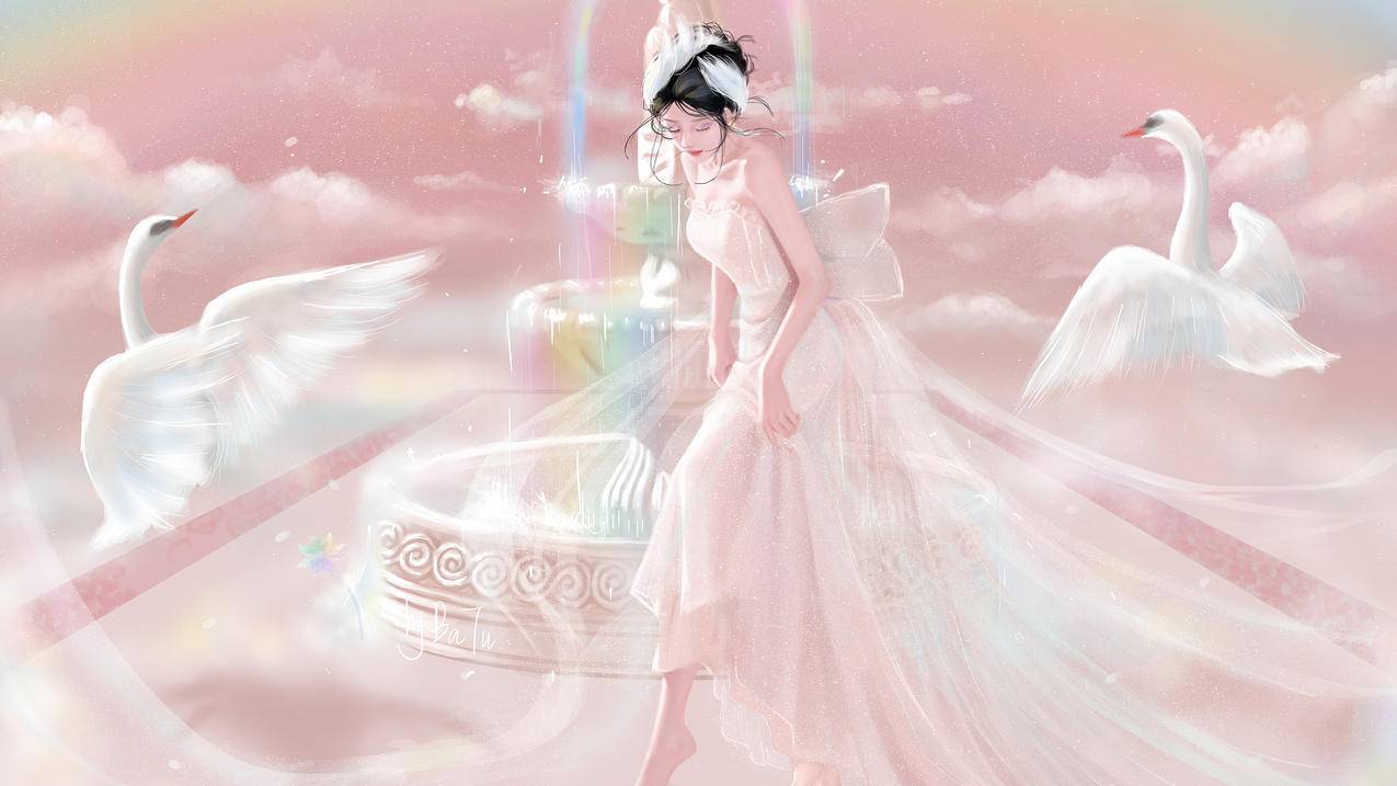 巴图BaTu 原创 天鹅女孩 彩色喷泉 云雾 梦幻 5K高清动漫壁纸