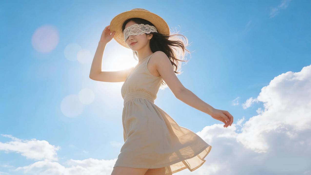 阳光美女 帽子 蒙眼 蓝色天空白云 4k壁纸