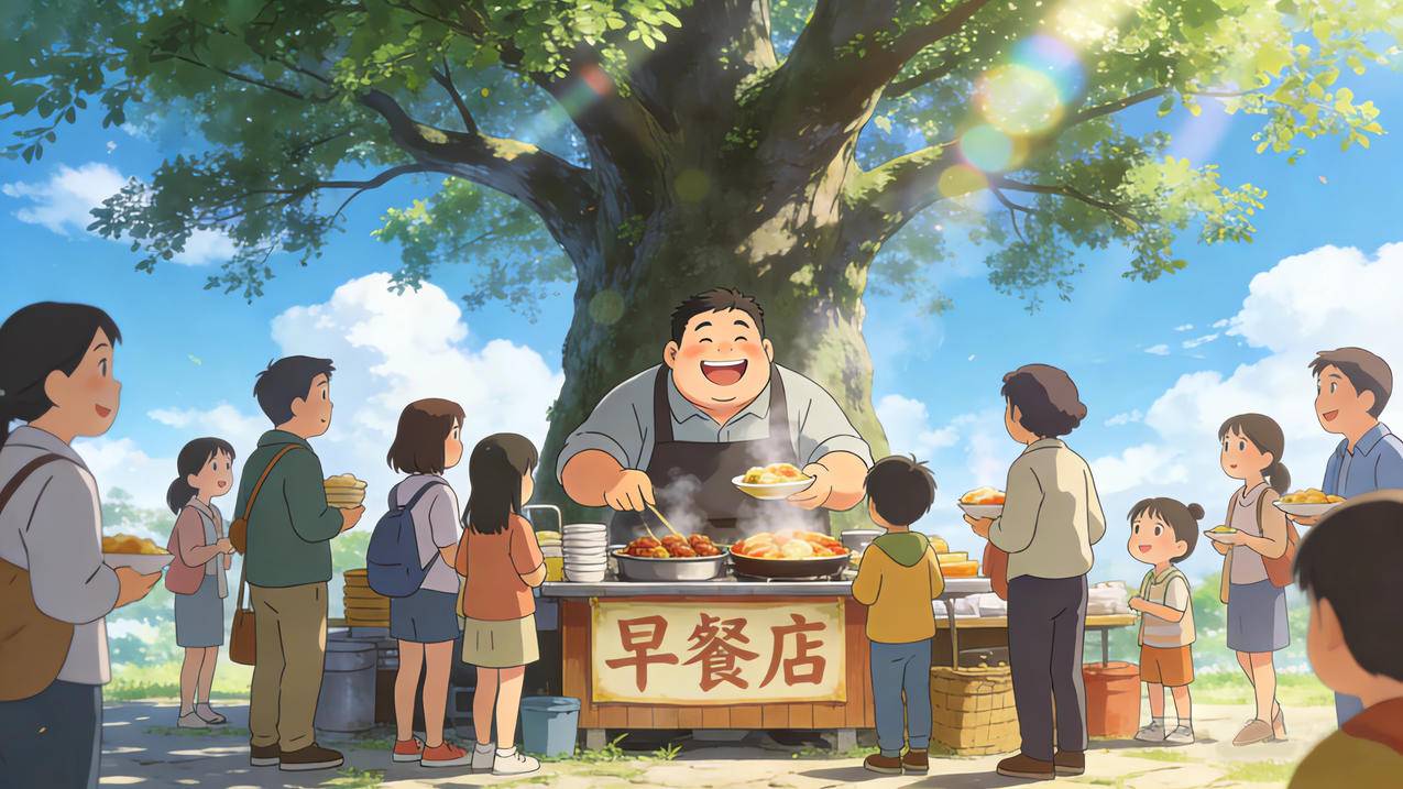 大树下的早餐店 开心的老板 排队买早餐 4K壁纸图片