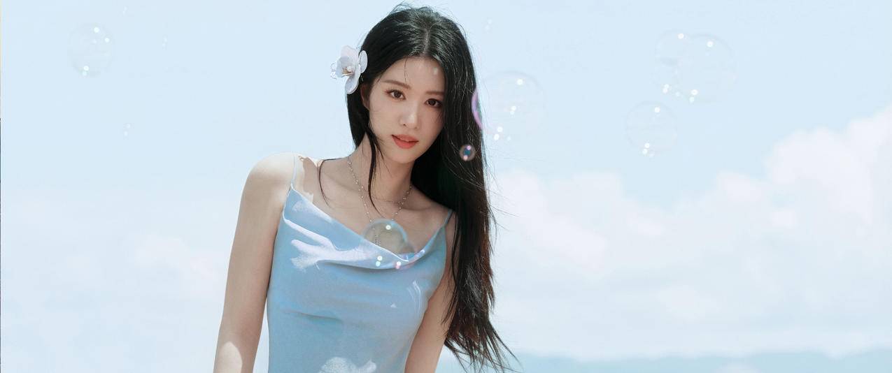 海边蓝色裙子美女王楚然 3440x1440带鱼屏壁纸