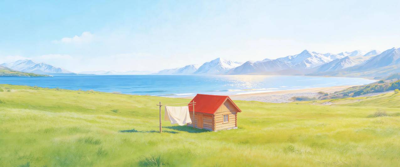 蓝天 湖水 雪山 绿草地 小木屋 3440x1440分辨率壁纸