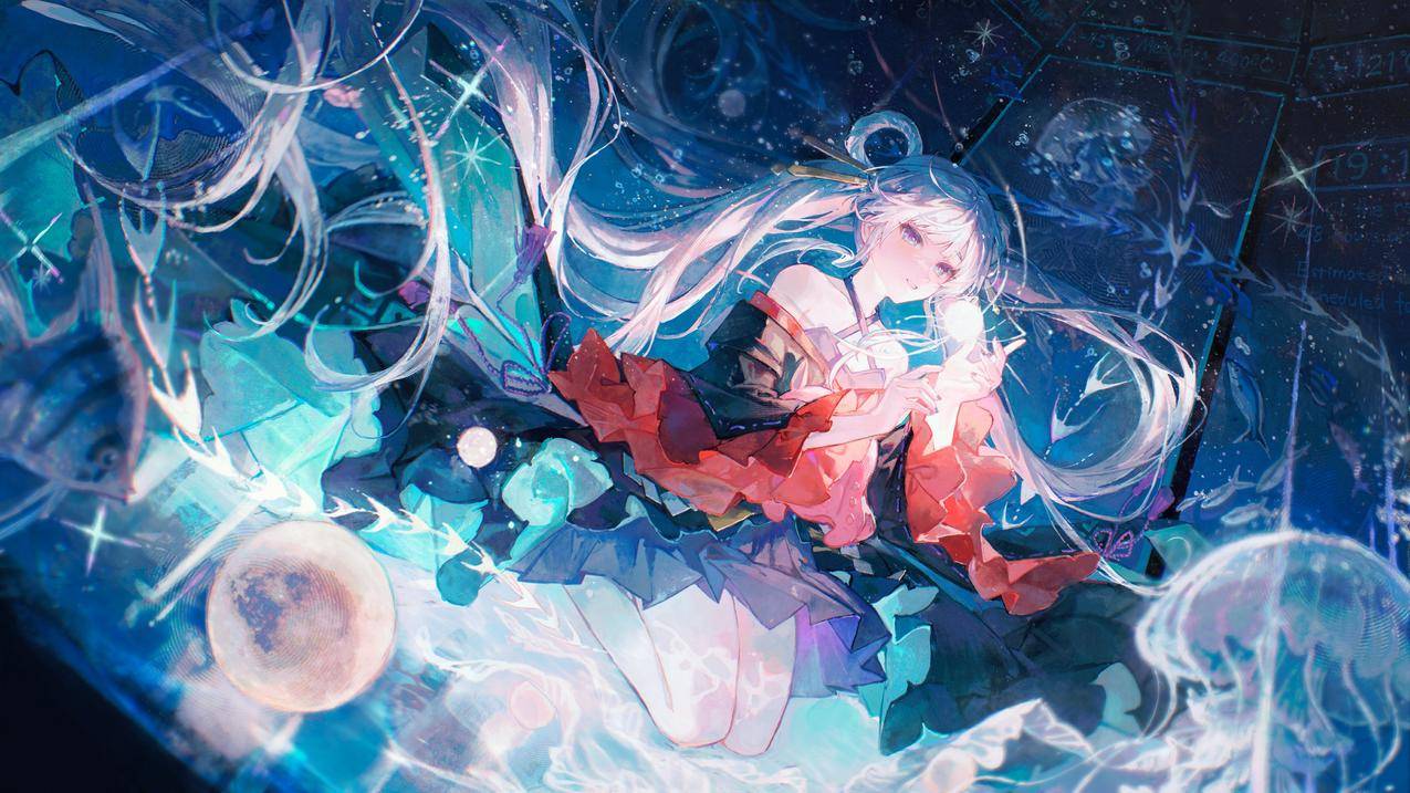 蓝色的眼睛 月之公主 连衣裙 水母4K动漫女孩壁纸