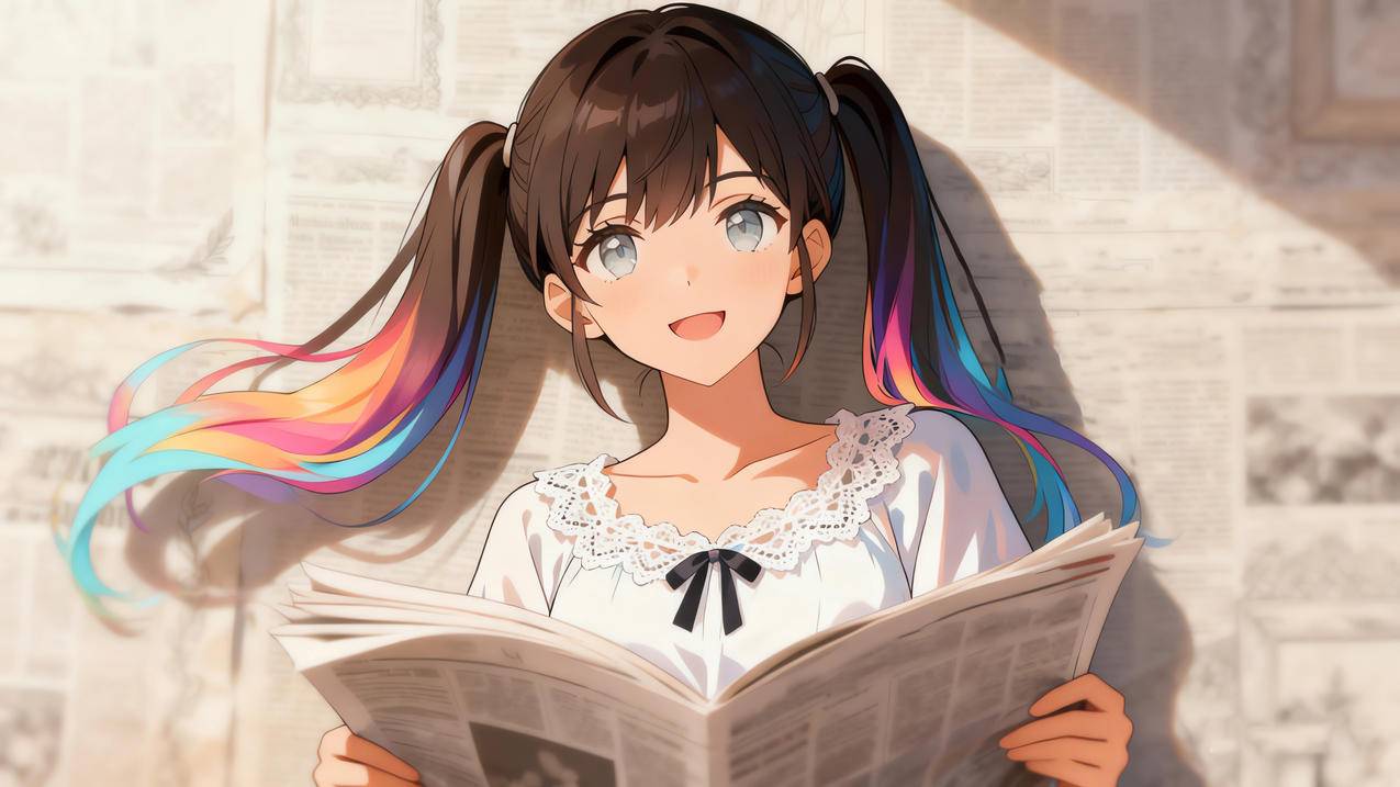 报纸墙 可爱双马尾辫女孩 光影 4k壁纸