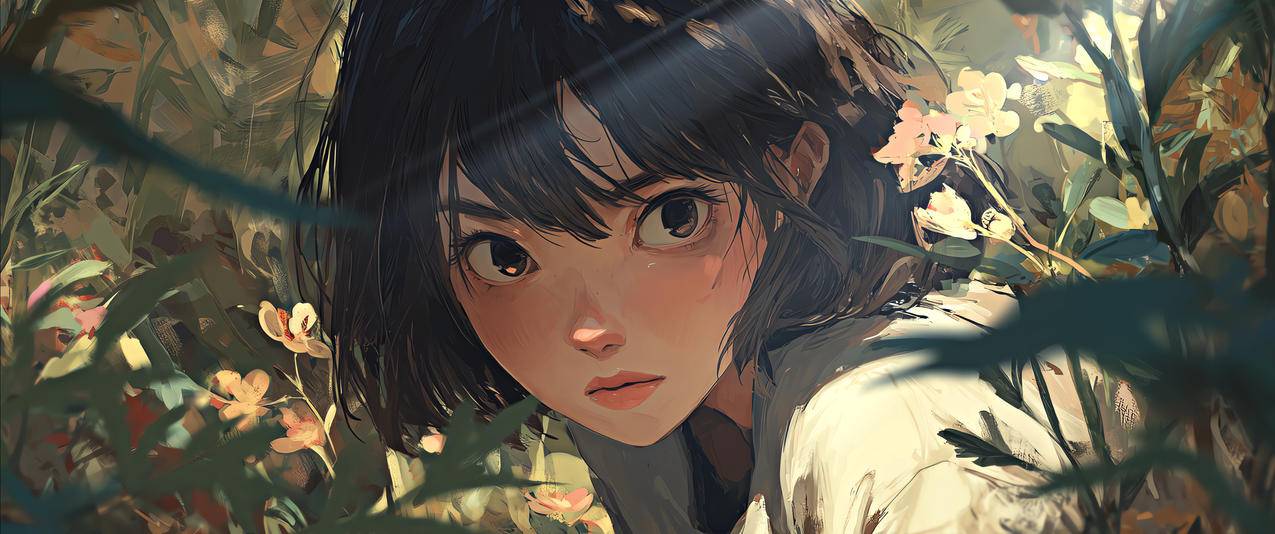 短发女孩 花 草丛 3440x1440带鱼屏动漫壁纸