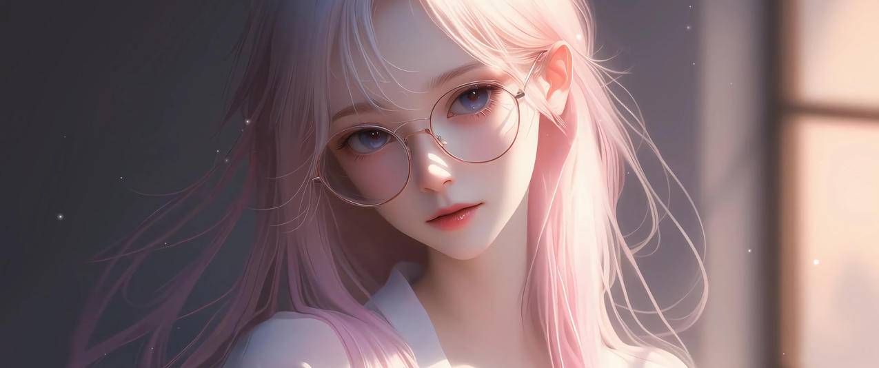 动漫女孩 戴眼镜 粉色长发 3440x1440带鱼屏壁纸