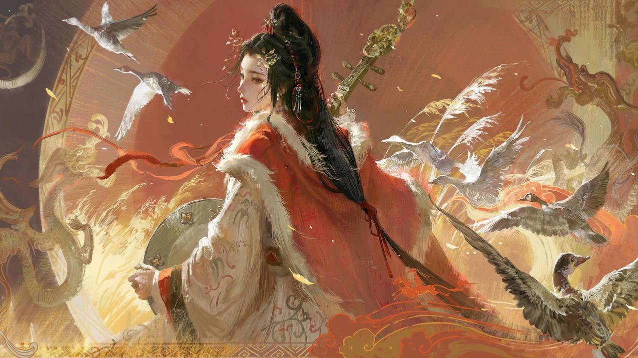 王昭君 红披风 鸟 4K高清动漫壁纸