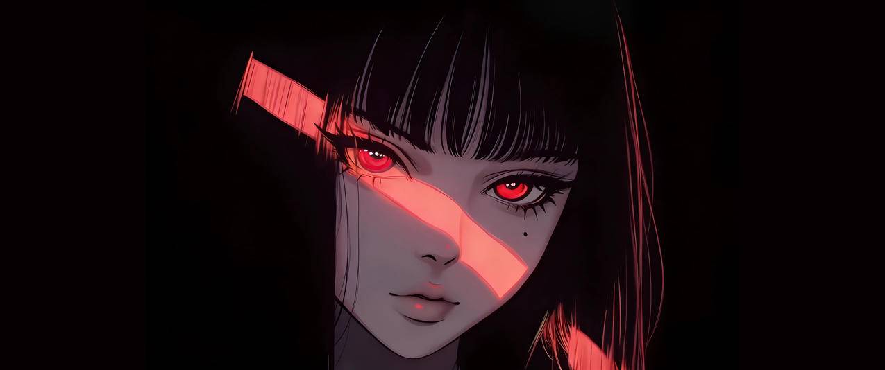 红色眼睛动漫女孩 光影 黑色背景 3440x1440带鱼屏壁纸