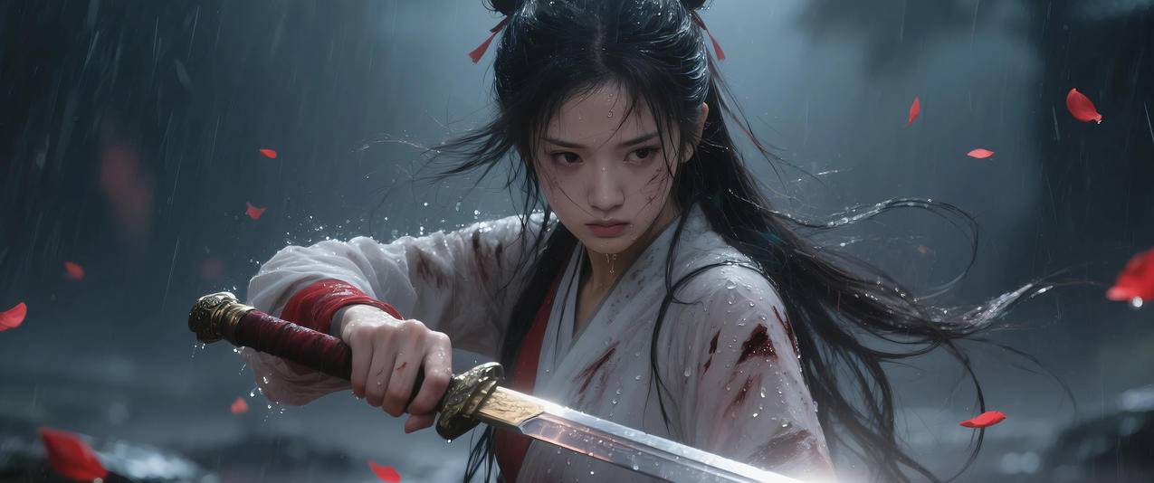 古装美女手持宝剑 武侠风 雨中 3440x1440带鱼屏壁纸
