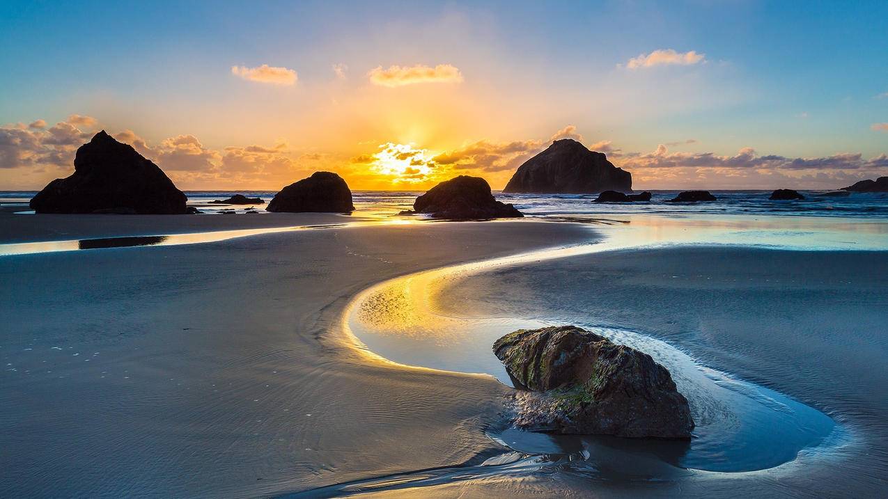 风景海洋天堂大海沙滩落日夕阳高清壁纸