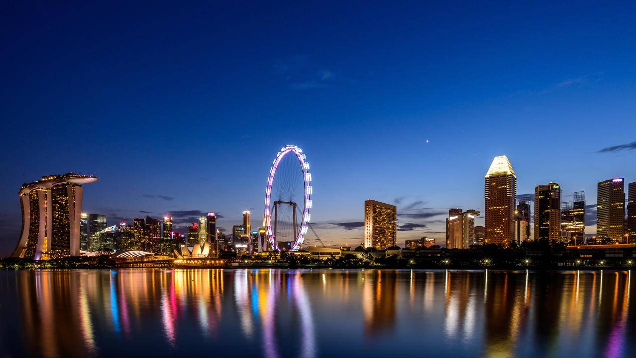 费里斯轮摩天轮夜晚海边城市摩天大楼风景4k壁纸