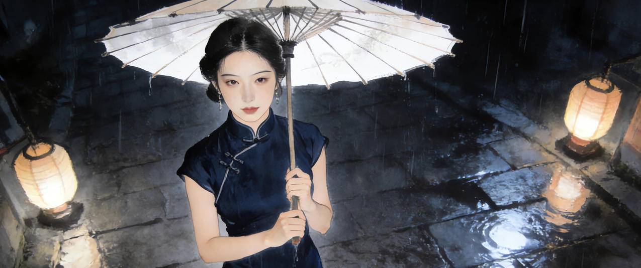 晚上 街道 雨天 旗袍美女3440x1440超高清壁纸横屏