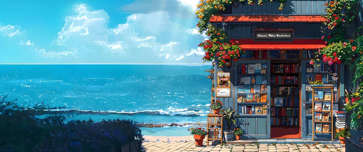 海边书店风景3440x1440带鱼屏壁纸