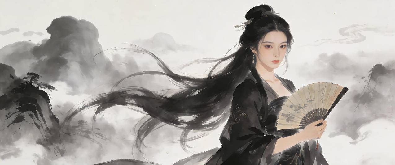 黑色古风服美女 扇子 水墨风3440x1440带鱼屏壁纸免费