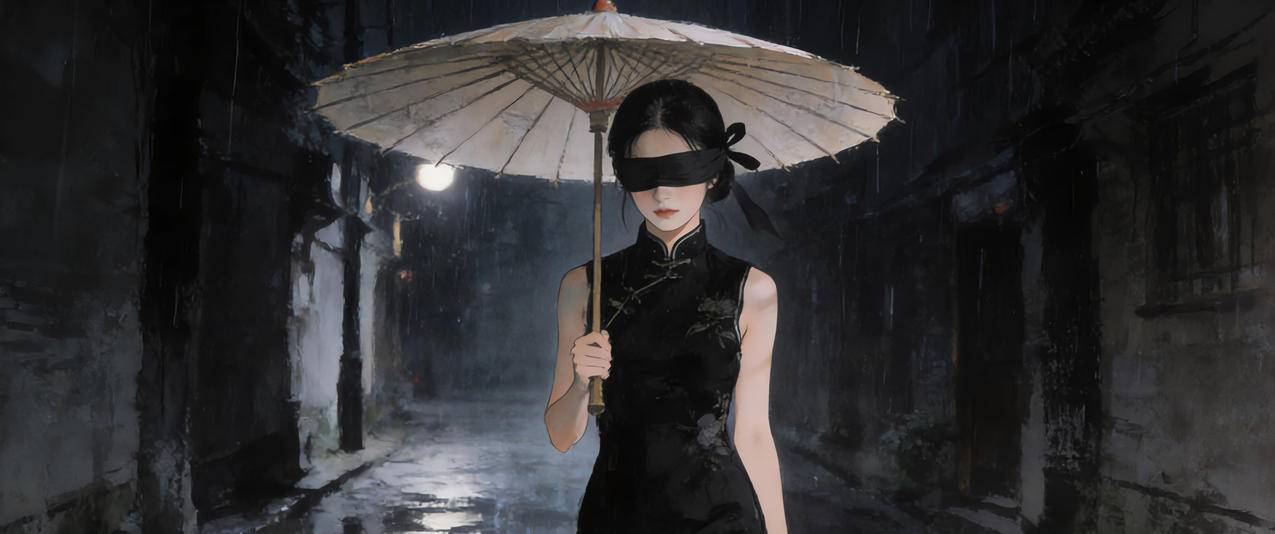 雨夜 黑色旗袍美女 蒙眼 光影 3440x1440带鱼屏壁纸免费