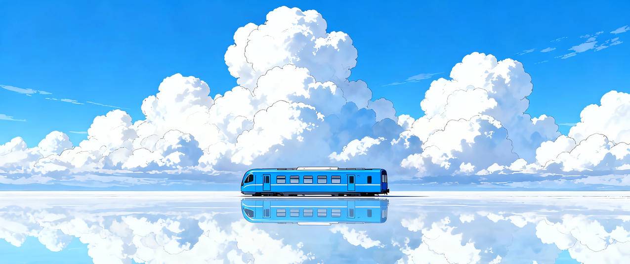 蓝天 云层 湖面 蓝色的列车3440x1440带鱼屏风景壁纸