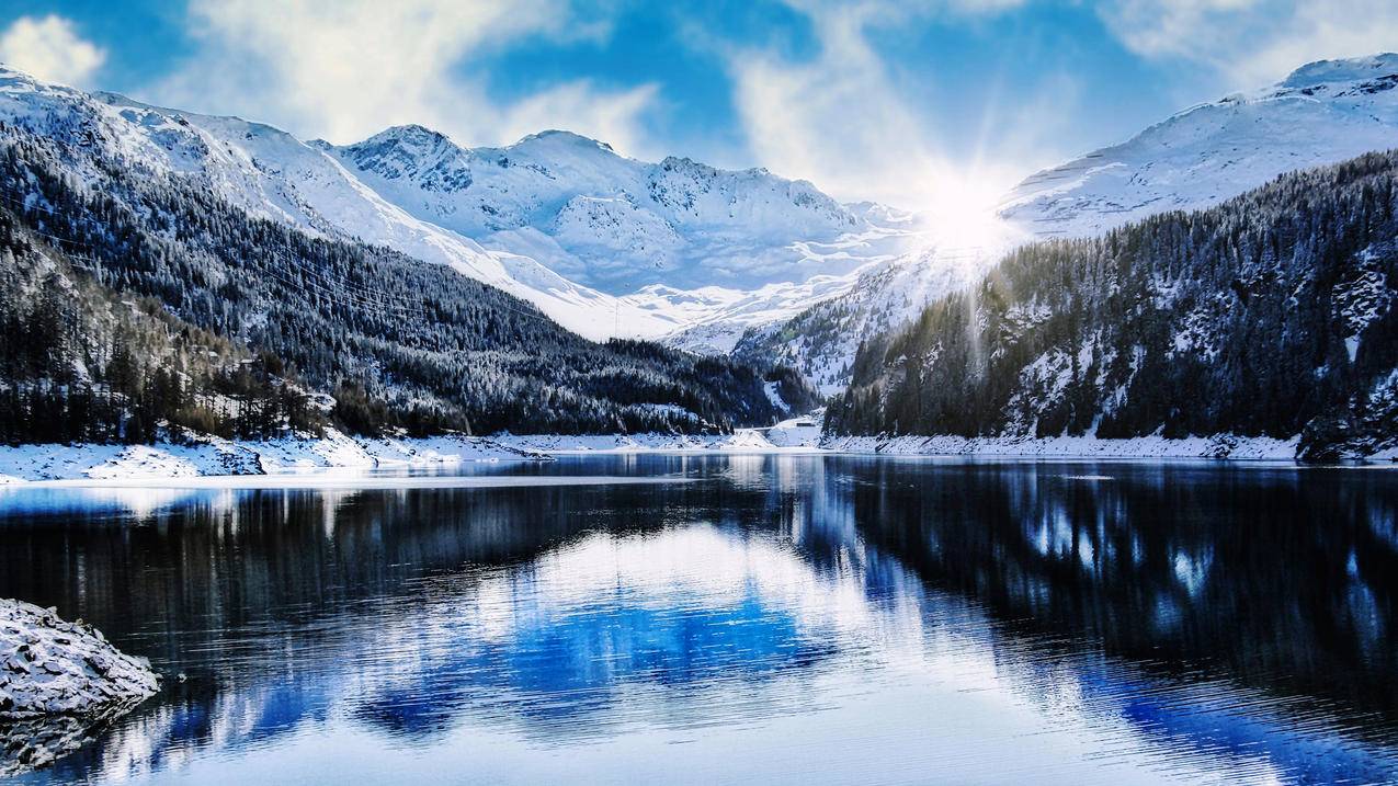 阿尔卑斯山 冬季 雪 水库 风景 4k电脑壁纸