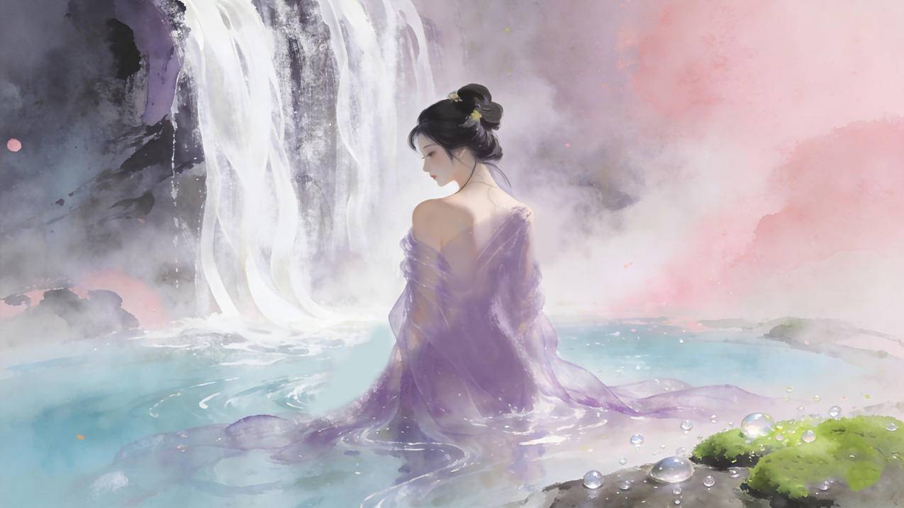 女孩 背影 瀑布 4K唯美桌面