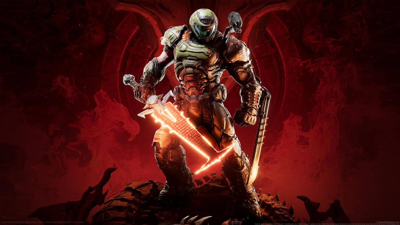 《毁灭战士永恒Doom Eternal》激光剑 红色背景 4K高清游戏壁纸