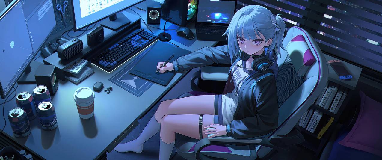 画画的女孩 电脑 画板 3440x1440动漫带鱼屏壁纸