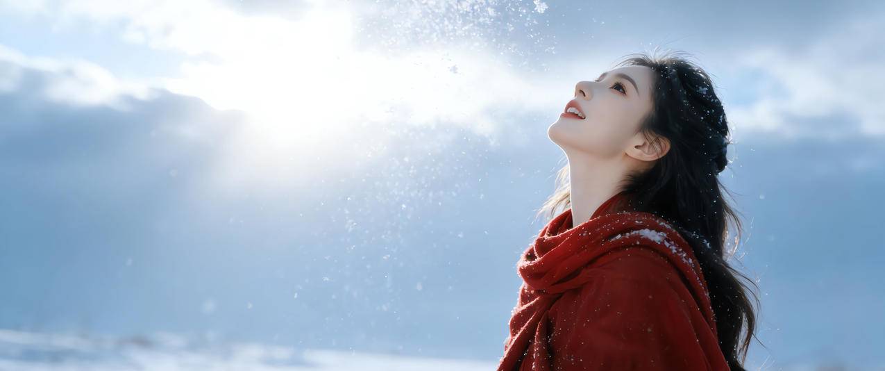 冬日雪景红衣美女抬头仰望3440x1440带鱼屏壁纸免费