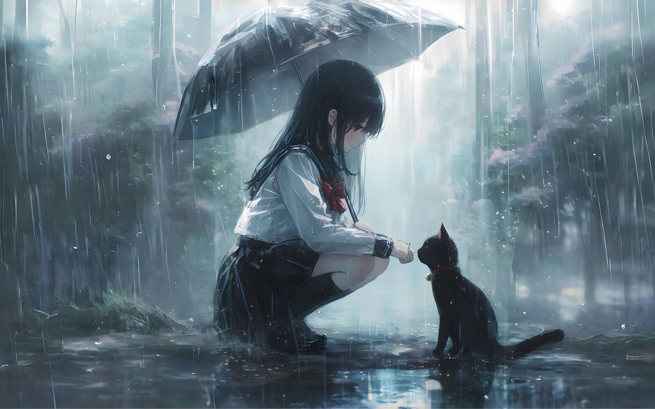 雨天小女孩和猫2560x1600动漫壁纸