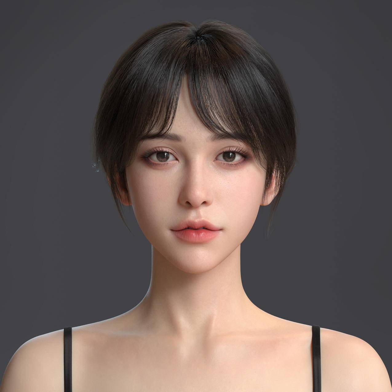 好看3D美女 脸 眼睛 嘴唇 黑色吊带4k高清壁纸