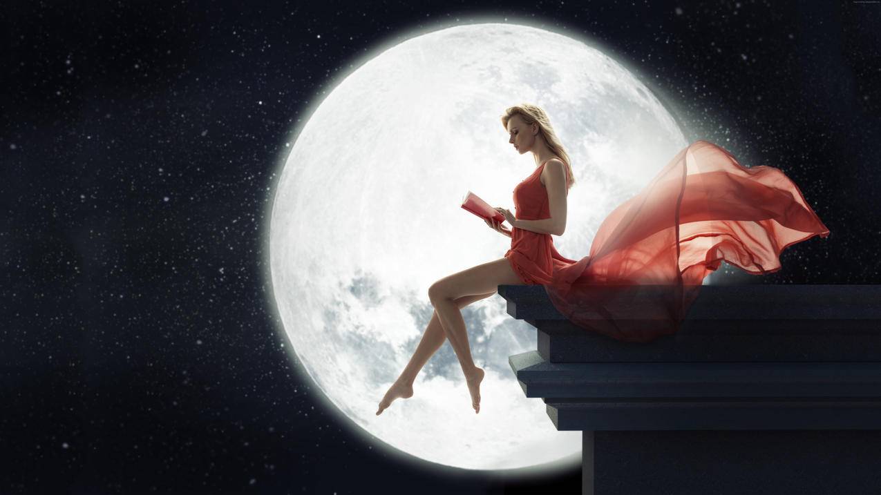 晚上 女孩 红色连衣裙 月亮 星星 阅读 书籍 4K高清美女壁纸
