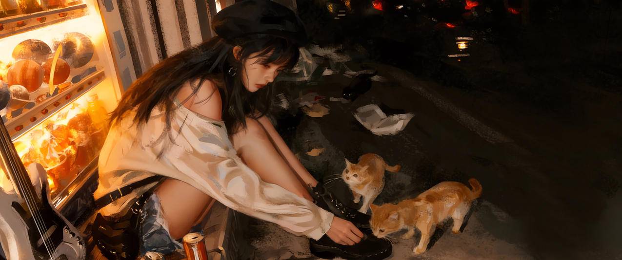 晚上 少女 帽子 流浪猫 3440x1440带鱼屏壁纸动漫