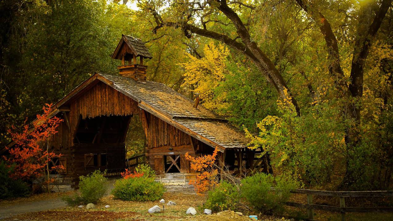 风景林中小屋春意盎然高清壁纸