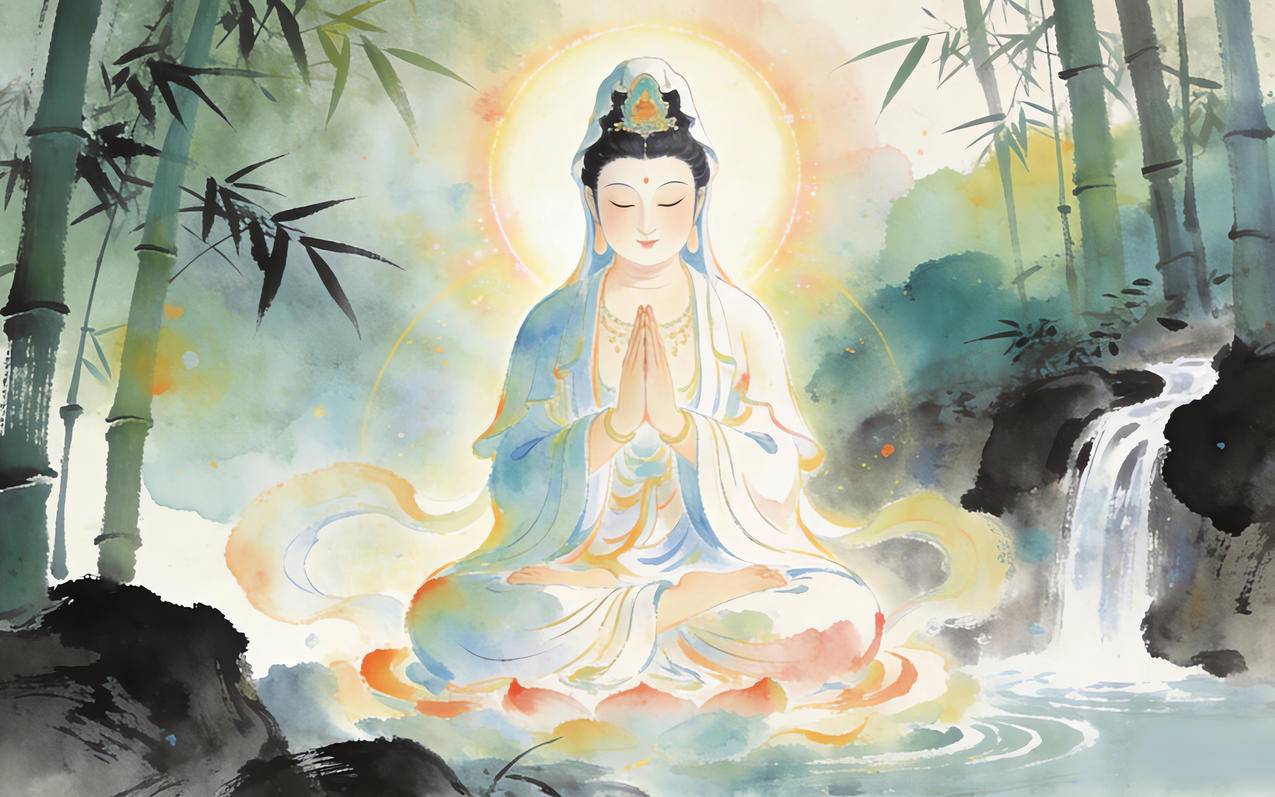 观世音菩萨 竹林 瀑布 水墨风 3K高清车机中控壁纸 3200x2000